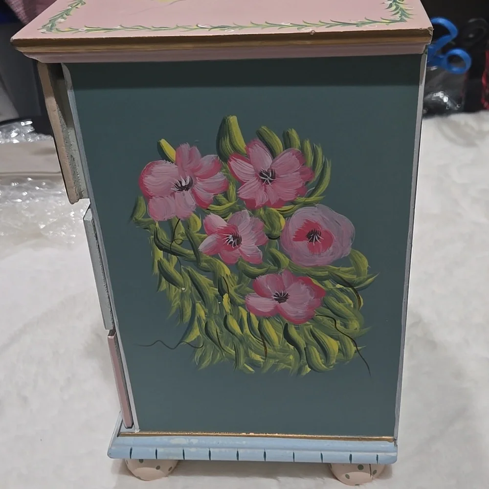 Hand painted jewelry chest blue, pink, yea, gold, peach